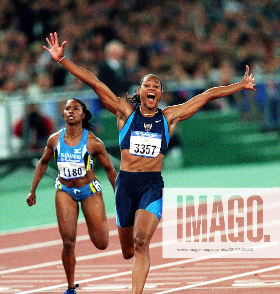 Summer Olympics 2000, Athletics: Gold medalist Marion Jones of USA (later disqualified for doping) react during womens 100 m at The Summer Olympic Games, Olympische Spiele, Olympia, OS on September 23, 2000 in Sydney, Australia. BILDBYRAN