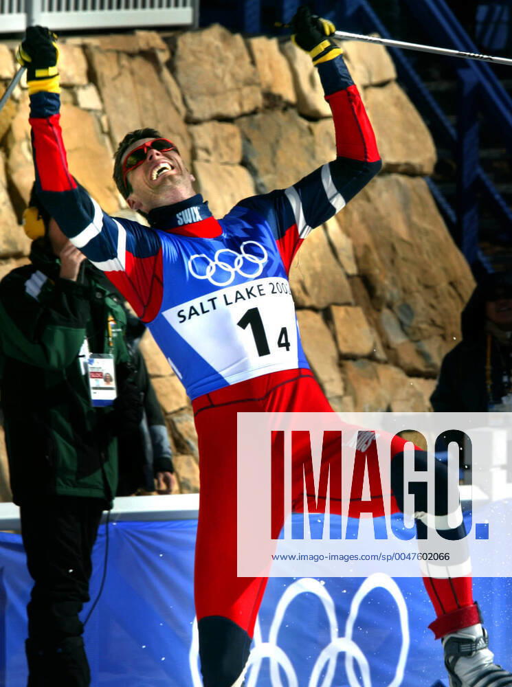 OLYMPIC LEGENDS: Thomas Alsgaard 020217 Winter Olympics 2002, Cross Country Skiing: Gold medalist Thomas Alsgaard of Norway reacts during the finish of relay 4x10 km at The Winter Olympic Games, Olympische Spiele, Olympia, OS on February 17, 2002 in Salt Lake City, USA. BILDBYRAN