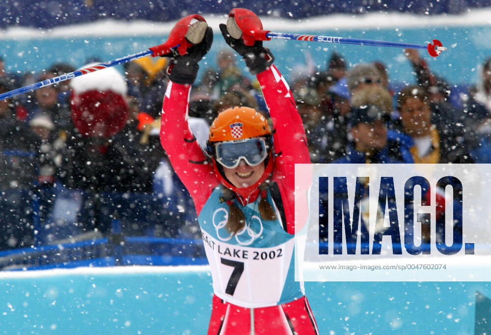 Winter Olympics 2002, Alpine Skiing: Gold medalist Janica Kostelic of Croatia reacts during womens slalom at The Winter Olympic Games, Olympische Spiele, Olympia, OS on February 20, 2002 in Salt Lake City, USA. BILDBYRAN