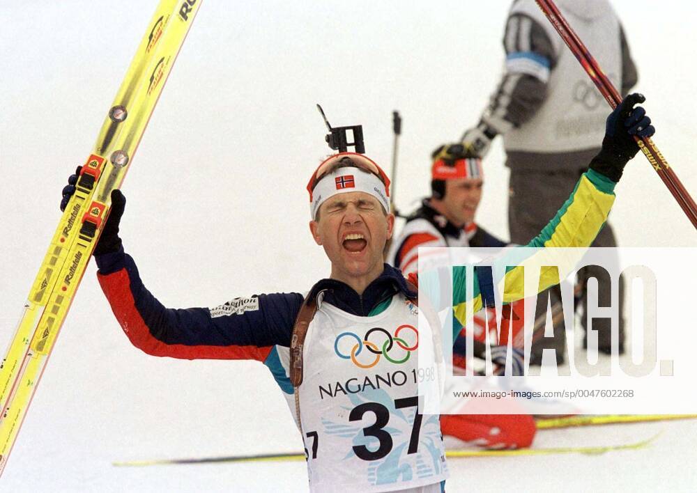 Winter Olympics 1998, Biathlon: Gold medalist Ole Einar Bjorndalen of Norway celebrate after mens sprint at The Winter Olympic Games, Olympische Spiele, Olympia, OS on February 18, 1998 in Nagano, Japan. BILDBYRAN