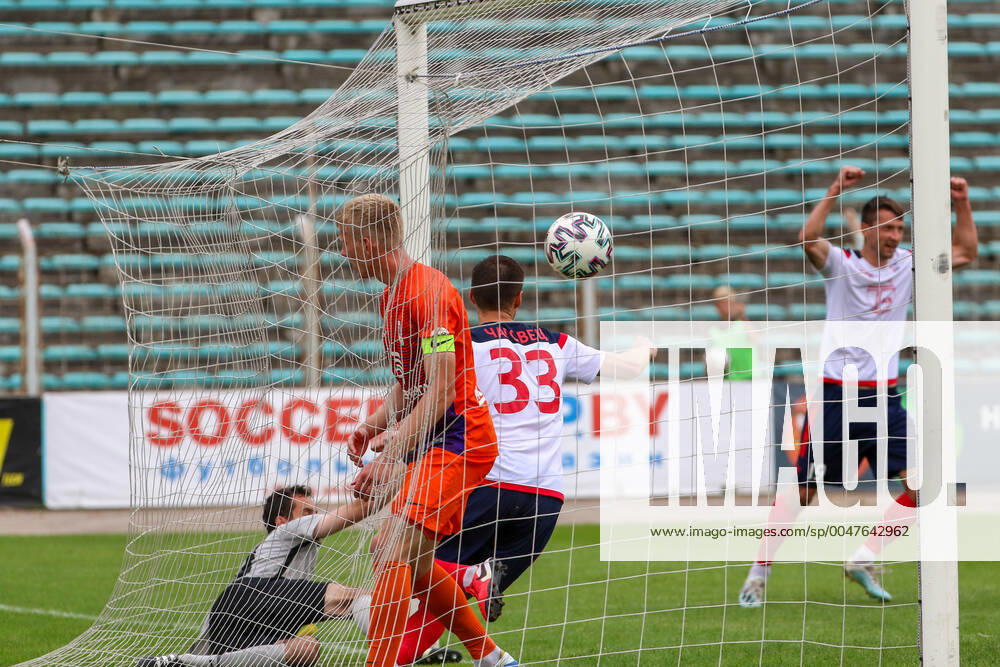 MINSK, BELARUS. FC Minsk Alexey Zalesky (R) scored a goal in a 2020 Belarusian Premier League Round 18 football match between FC Minsk and FC Energetik-BGU at Tractor Stadium. FC Minsk won the match 2-1.