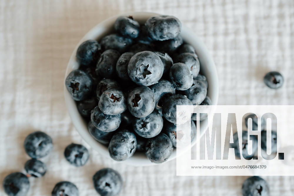 Overhead view of blueberries in a bowl on textured fabric Holtwood, Pennsylvania, United States R_KJKN240514-1423346-01