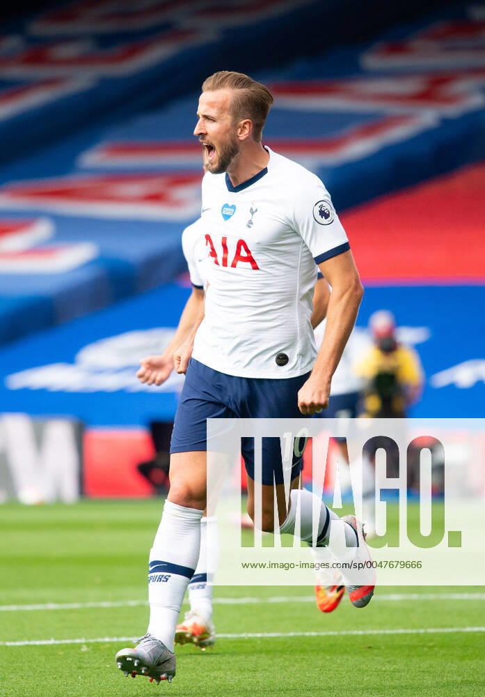 Tottenham s Harry Kane celebrating his first goal during the Premier League match between Crystal Palace and Tottenham Hotspur, Football Stadiums around remain empty due to the Covid-19 Pandemic as Government social distancing laws prohibit supporters inside venues resulting in all fixtures being played behind closed doors until further notice at Selhurst Park, London, England on 26 July 2020.
