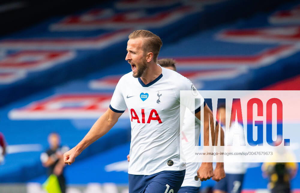 Tottenham s Harry Kane celebrating his first goal during the Premier League match between Crystal Palace and Tottenham Hotspur, Football Stadiums around remain empty due to the Covid-19 Pandemic as Government social distancing laws prohibit supporters inside venues resulting in all fixtures being played behind closed doors until further notice at Selhurst Park, London, England on 26 July 2020.