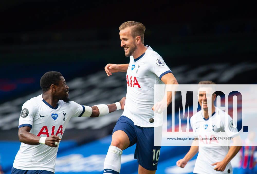 Tottenham s Harry Kane celebrating his first goal during the Premier League match between Crystal Palace and Tottenham Hotspur, Football Stadiums around remain empty due to the Covid-19 Pandemic as Government social distancing laws prohibit supporters inside venues resulting in all fixtures being played behind closed doors until further notice at Selhurst Park, London, England on 26 July 2020.