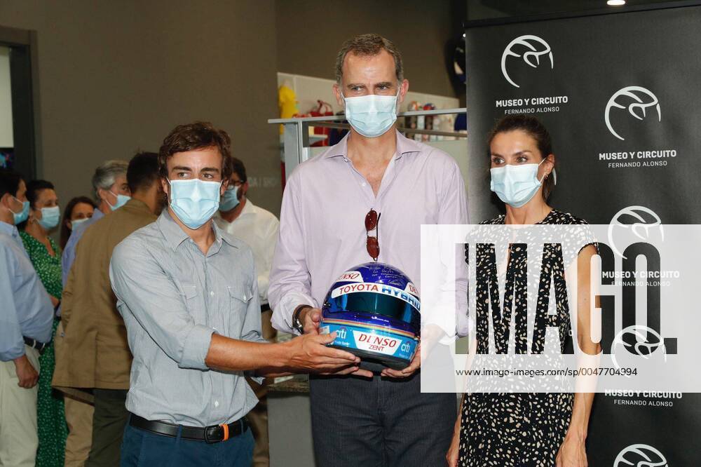 KW31 Spanish King Felipe VI and Letizia Ortiz with driver Fernando Alonso during a visit to Fernando Alonso Museum in Gijon, Asturias on Thursday, 29 July 2020. Cordon Press xx xx