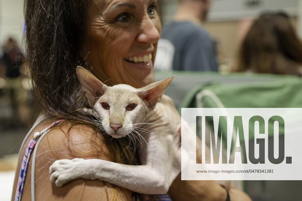 Cyndee Reynolds cuddles with her cat Luna, a Peterbald during day one of the Loving Cats Worldwide CATstravaganza cat show on Saturday, May 18, 2024 in Tampa. Peterbald is a hairless cat breed of Russian origin. It was created in St. Petersburg in 1994 from an experimental cross of a Don Sphynx and an Oriental Shorthair. Tampa USA - ZUMAs70_ 20240518_zan_s70_006