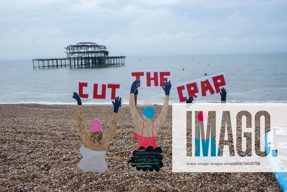Human shaped placards stand at the Brighton Beach during the demonstration. Surfers Against Sewage organised a day of national protest around the country to campaign against the water companies damping sewage into the British rivers and seas. Surfers, dippers, paddle boarders and sea swimmers joined the demonstration in Brighton, UK. Brighton United Kingdom - ZUMAs197 20240518_aaa_s197_138