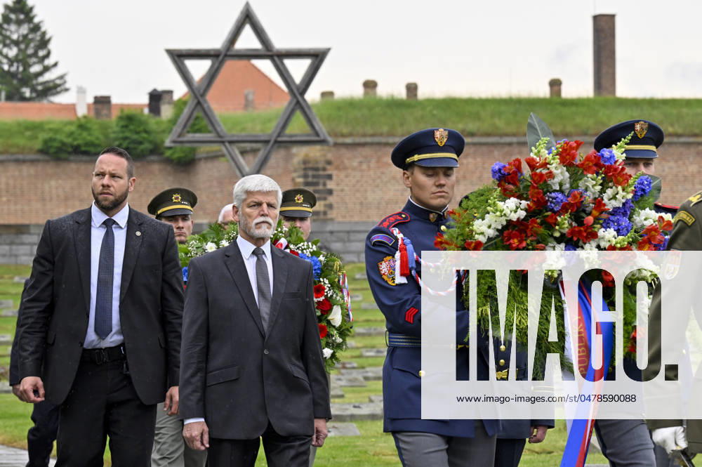 Czech President Petr Pavel lays a wreath in the National Cemetery during Terezin event to commemorate victims of Nazi persecution on the occasion of the 79th anniversary of WW2 end at the Terezin Memorial, Czech Republic, May 19, 2024. (CTKxPhoto OndrejxHajek) CTKPhotoP2024051902496 CTKPhotoP2024051902496