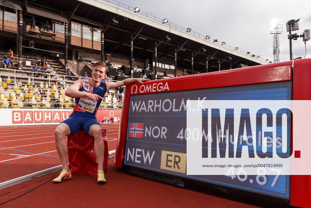 Karsten Warholm of Norway celebrates after setting a new Europe record when competing in the mens 400m metes during the athletics gala Diamond League Stockholm on August 23, 2020 in Stockholm Photo Joel Marklund BILDBYRAN kod JM JM0002 bbeng athletics athletics athletics Diamond League Diamond League Stockholm Bauhaus gala Bauhaus gala gala jublar jubel,
