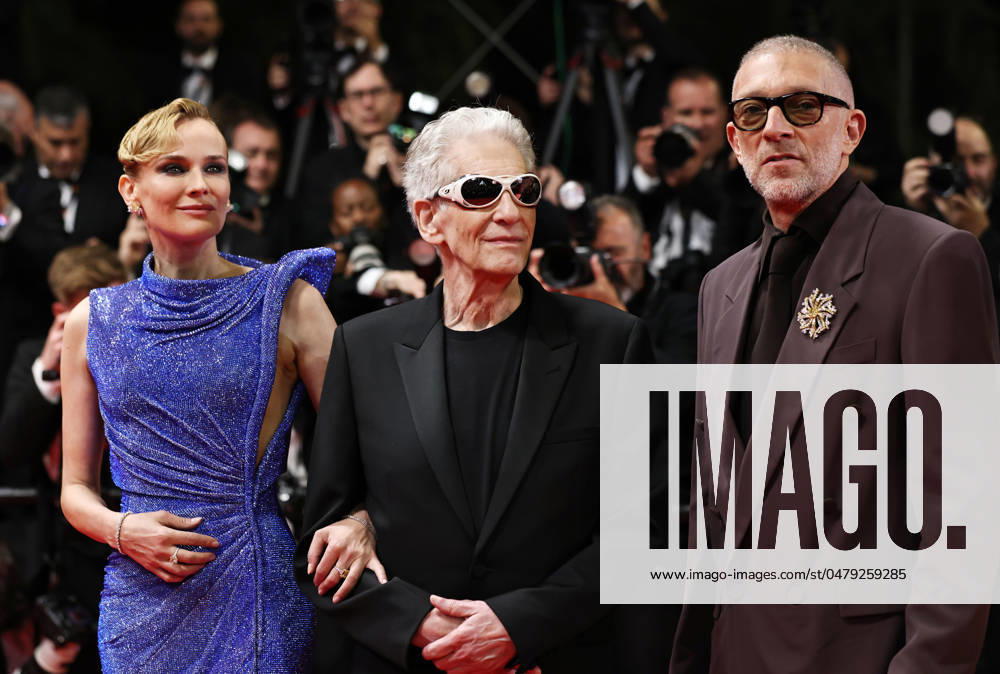 (240521) -- CANNES, May 21, 2024 -- Actress Diane Kruger (L), Canadian director David Cronenberg (C) and French actor Vincent Cassel arrive for the screening of the film The Shrouds at the 77th edition of the Cannes Film Festival in Cannes, southern France, on May 20, 2024. ) FRANCE-CANNES-FILM FESTIVAL-THE SHROUDS GaoxJing