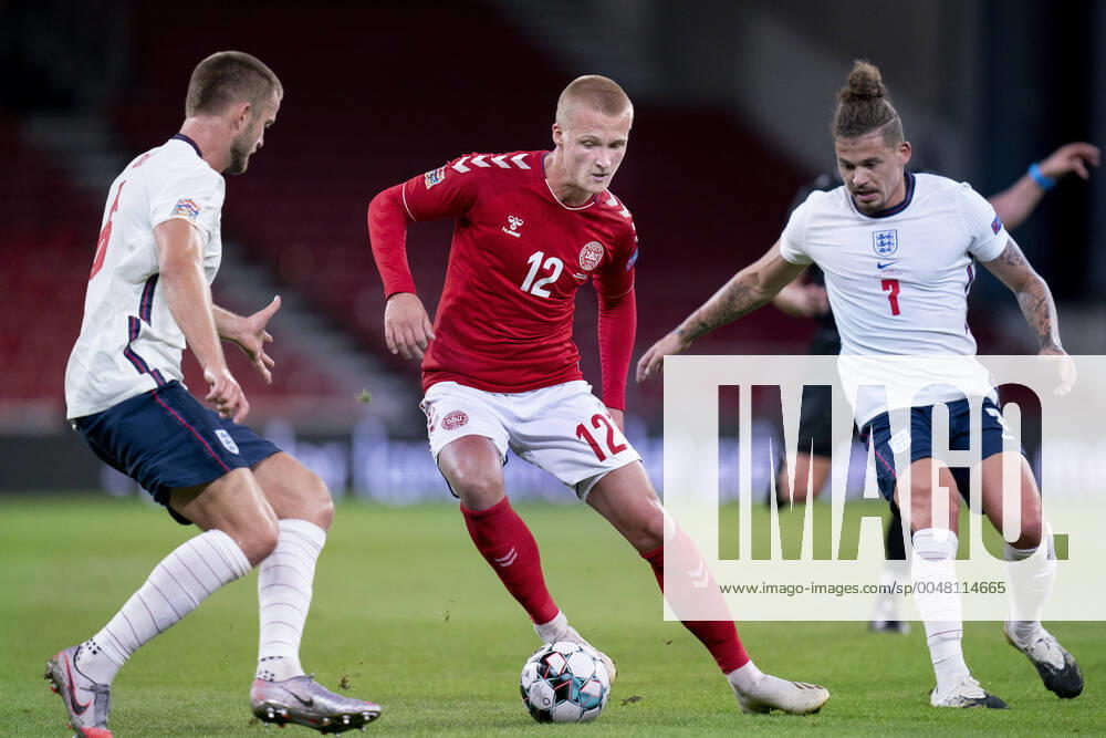 Denmarks Kasper Dolberg between Englands Kalvin Phillips and Eric Dier during the Nations League match between Denmark and England in the Park, Tuesday 8 September 2020, Copenhagen Denmark,