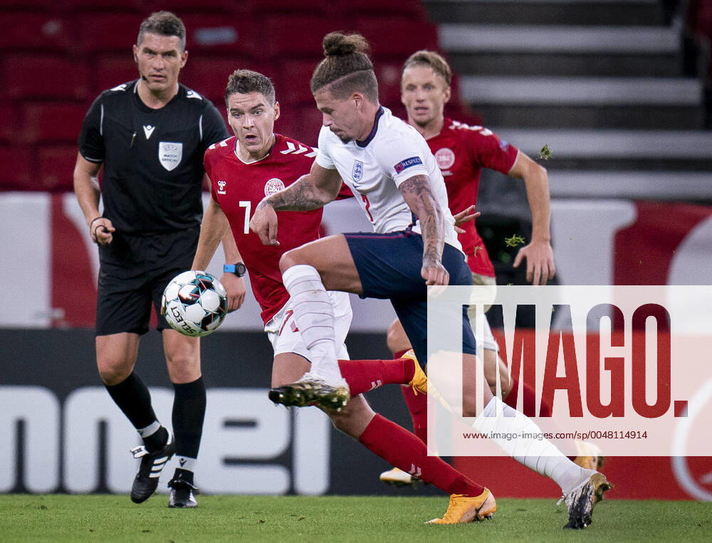 Denmarks Robert Skov and Daniel Wass and Englands Calvin Phillips during the Nations League match between Denmark and England in the Park, Tuesday 8 September 2020, Copenhagen Denmark,