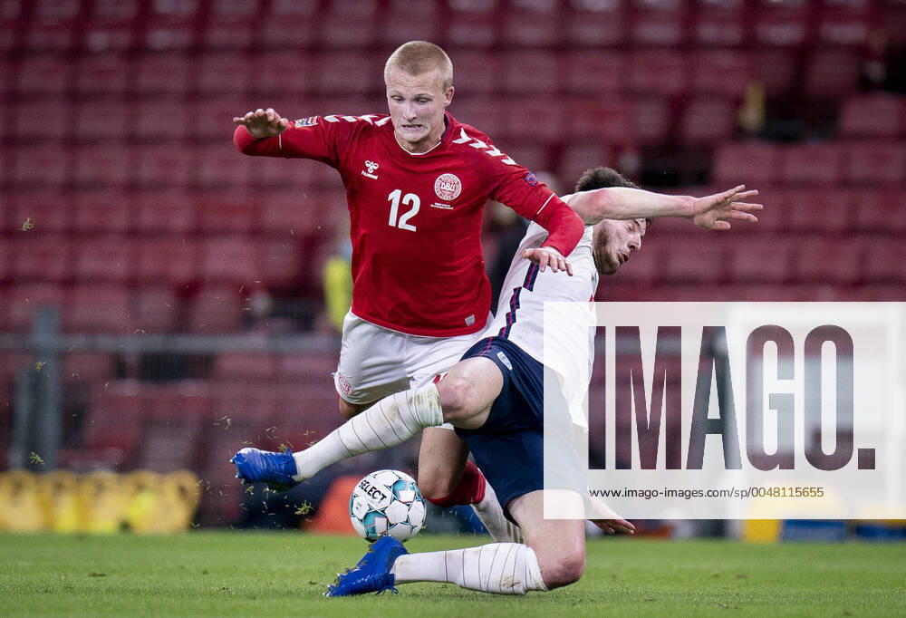 Denmarks Kasper Dolberg and Englands Declan Rice during the Nations League match between Denmark and England in the Park, Tuesday 8 September 2020, Copenhagen Denmark,