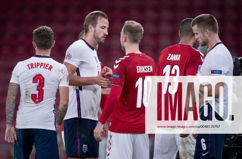 Denmarks Christian Eriksen and Englands Harry Kane greet after the Nations League match between Denmark and England in the Park, Tuesday 8 September 2020, Copenhagen Denmark,