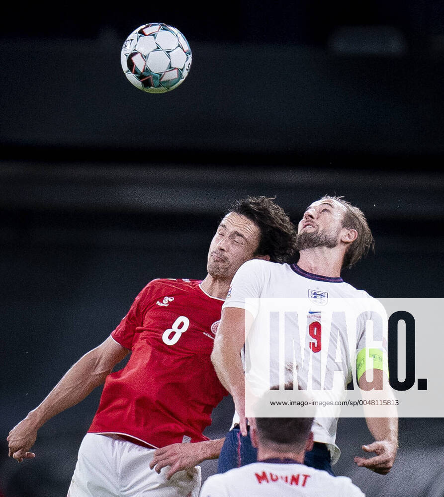 Denmarks Thomas Delaney and Englands Harry Kane during the Nations League match between Denmark and England in the Park, Tuesday 8 September 2020, Copenhagen Denmark,