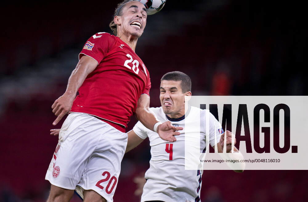 Denmarks Yussuf Poulsen and Englands Conor Coady during the Nations League match between Denmark and England in the Park, Tuesday 8 September 2020, Copenhagen Denmark,
