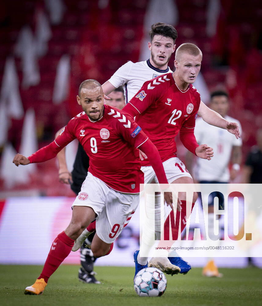 Denmarks Martin Braithwaite and Kasper Dolberg during the Nations League match between Denmark and England in the Park, Tuesday 8 September 2020, Copenhagen Denmark