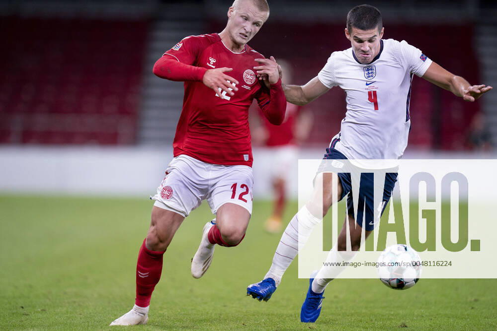 Denmarks Kasper Dolberg and Englands Conor Coady during the Nations League match between Denmark and England in the Park, Tuesday 8 September 2020, Copenhagen Denmark