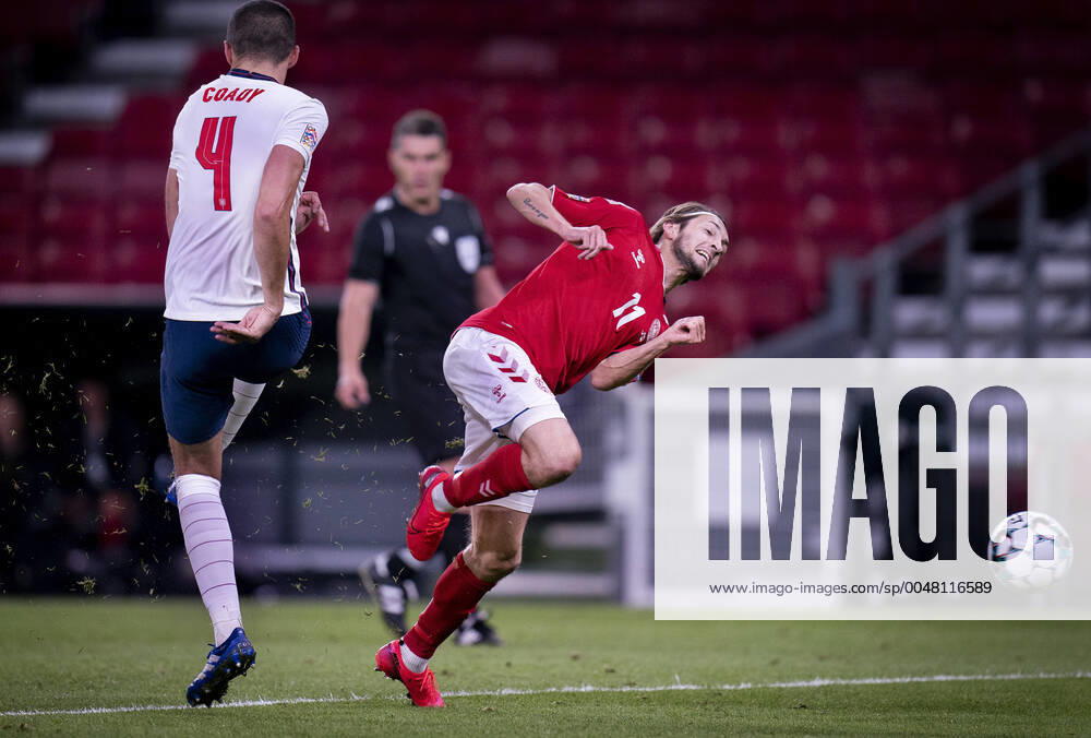 Denmarks Rasmus Falk and Englands Conor Coady during the Nations League match between Denmark and England in the Park, Tuesday 8 September 2020, Copenhagen Denmark,