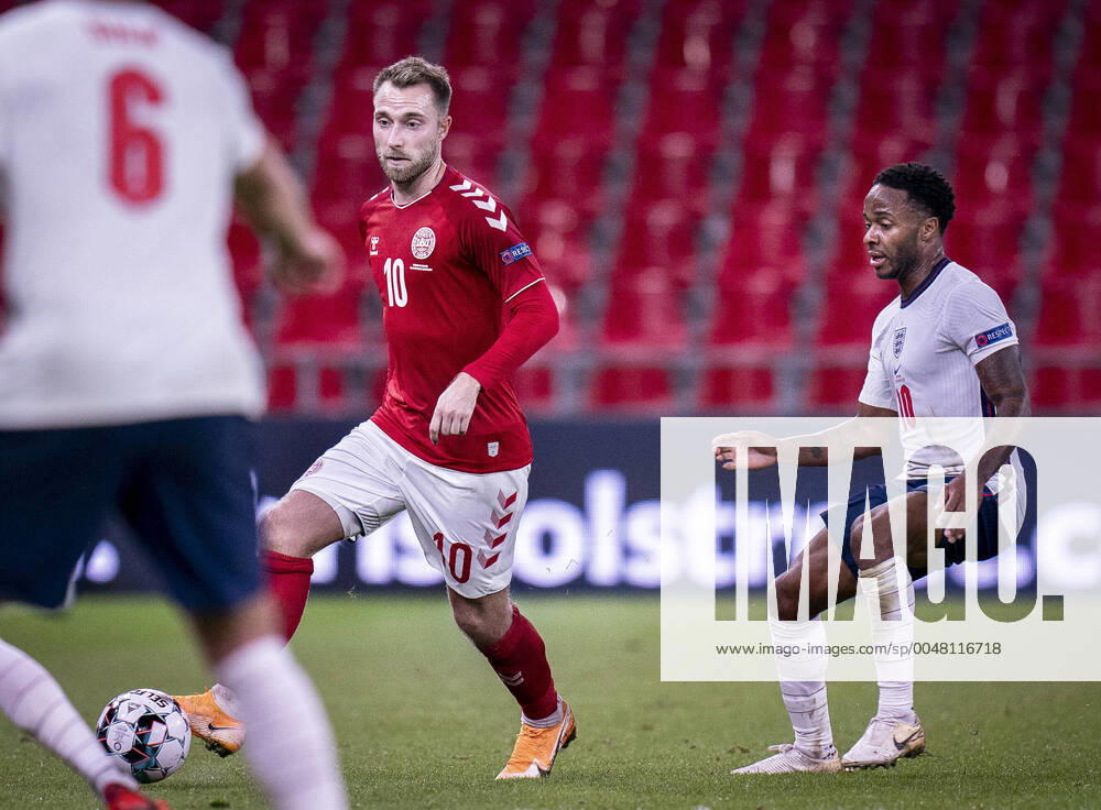 Denmarks Christian Eriksen and Englands Raheem Sterling during the Nations League match between Denmark and England in the Park, Tuesday 8 September 2020, Copenhagen Denmark,