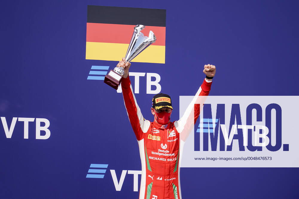 MICK SCHUMACHER of Germany and Prema Racing on the podium after winning the 2020 FIA Formula 2 Championship feature race at Sochi Autodrom in Sochi, Russia. Monza Italy - ZUMAg147 20200926_zap_g147_010
