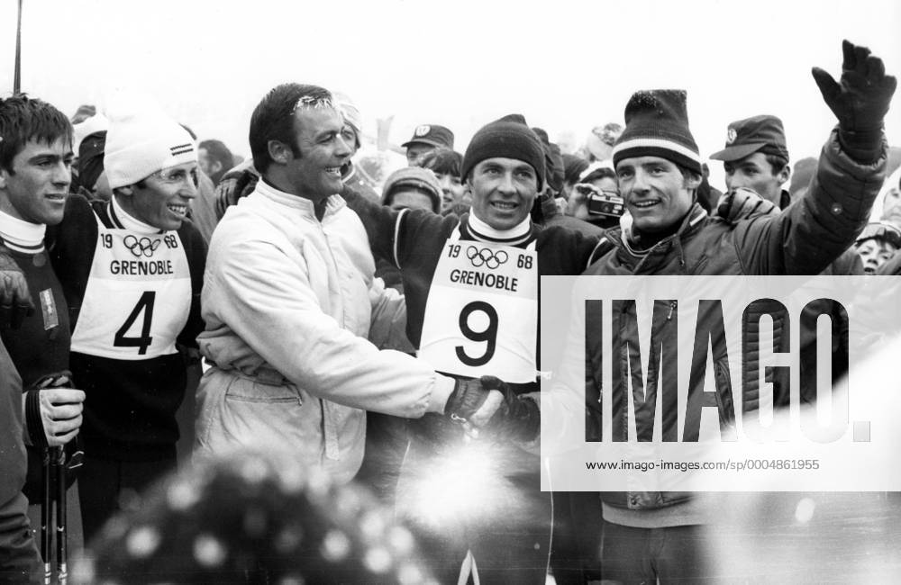 Grenoble - (From L-R) MATT HUBER, TONY SAILER, KARL SCHRANZ (all AUT) and the gold medal winner JEAN CLAUDE KILLY (FRA) - ZUMAk09 o0 OS Winter Olympische Winterspiele Olympia o0 Herren Ski Alpin Alpiner Skisport