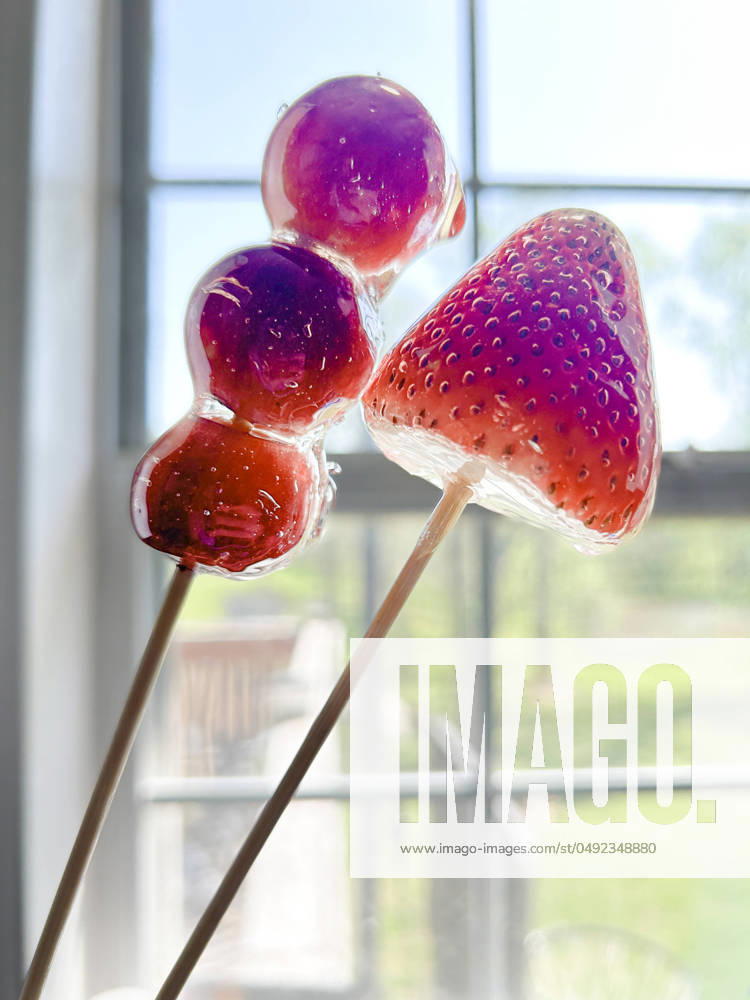 Candied strawberries and grapes on skewers by kitchen window Jackson, Missouri, United States R_WEKW240517-1434215-01