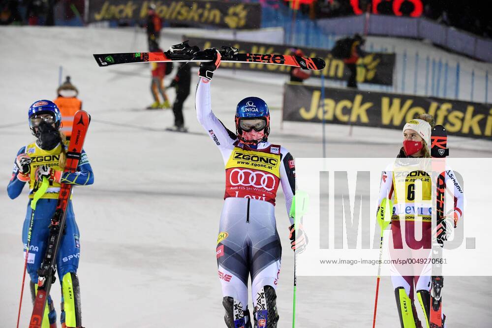 KW47 Petra Vlhova (C) of Slovakia celebrates her victory with second-placed Mikaela Shiffrin (L) of the United States and third-placed Katharina Liensberger of Austria after the second run of the FIS Alpine Ski World Cup women s slalom race at the Levi ski resort in Kittilä, Finnish Lapland, on November 21, 2020. Kittilä Finland LKFTJK20201121150857RDRO