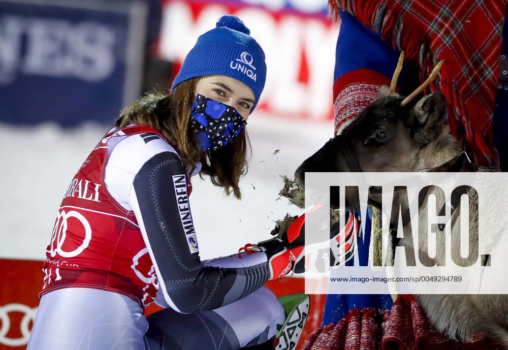 KW47 Winner Petra Vlhova, SVK with reindeer during the Alpine Skiing World Cup Women’s Slalom race at Levi 22. November 2020 in Levi, Finland. (Tomi Hänninen Newspix24)