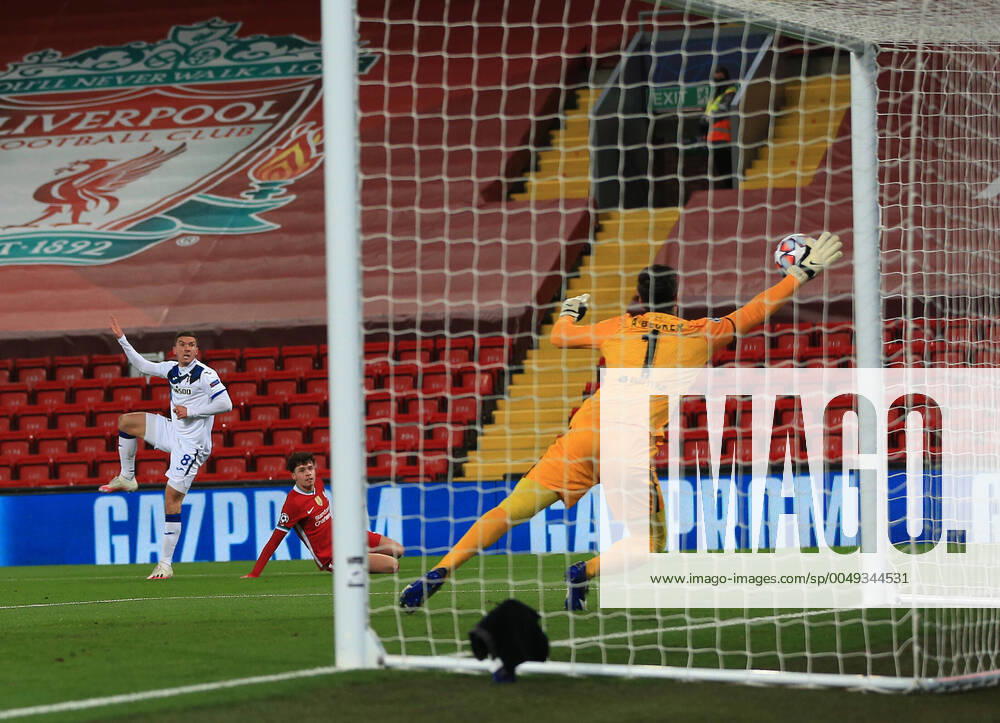 KW48 25th November 2020; Anfield, Liverpool, Merseyside, England; UEFA Champions League Football, Liverpool versus Atalanta; Liverpool goalkeeper Alisson saves a shot from Robin Gosens of Atalanta at his near post ActionPlus12249226 DavidxBlunsden