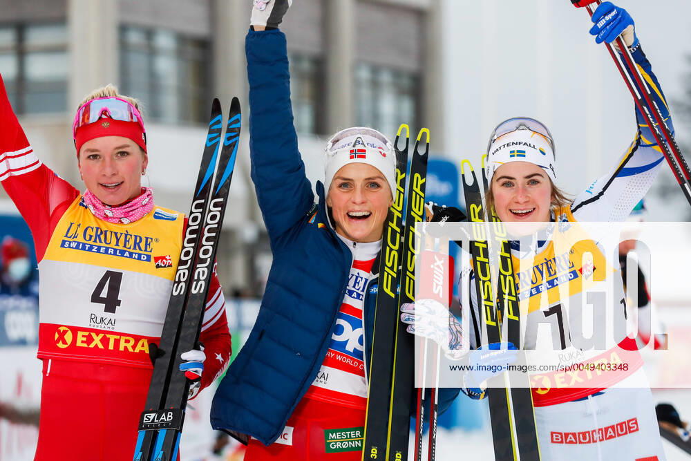 Tatiana Sorina of Russia, Therese Johaug of Norway and Ebba Andersson of Sweden celebrate after the women s Cross Country Skiing 10 km during the FIS Cross Country World Cup on November 29, 2020 in Ruka Photo Tomi Hänninen BILDBYRAN COP 211 XX0009 skidor cross country skiing fis world cup ruka women s 10 km bbeng jubel celebration,