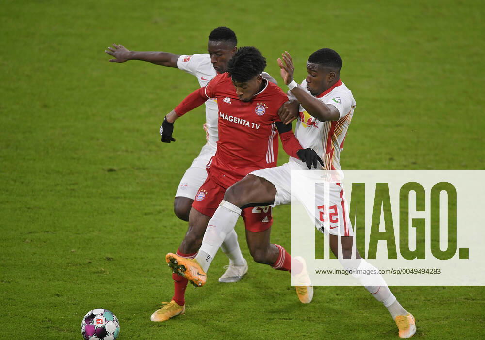 Football 1 Bundesliga FC Bayern RB Leipzig 05 12 2020, Football 1 Bundesliga 2020 2021, 10 matchday, FC Bayern München RB Leipzig, in the Allianz Arena Munich L R Amadou Heidara RB Leipzig against Kingsley Coman Bayern München and Nordi Mukiele RB Leipzig Photo Bernd Feil M i S Pool Only for journalistic purposes Only for editorial use According to the regulations of the DFL Deutsche Fußball Liga it is prohibited to use or have used photographs taken in the stadium and or of the match in the form of sequence images and or video-like photo sequences DFL regulations prohibit any use of photographs as image sequences and or quasi video National and international NewsAgencies OUT Munich Allianz Arena Bayern Deutschland Poolfoto ,