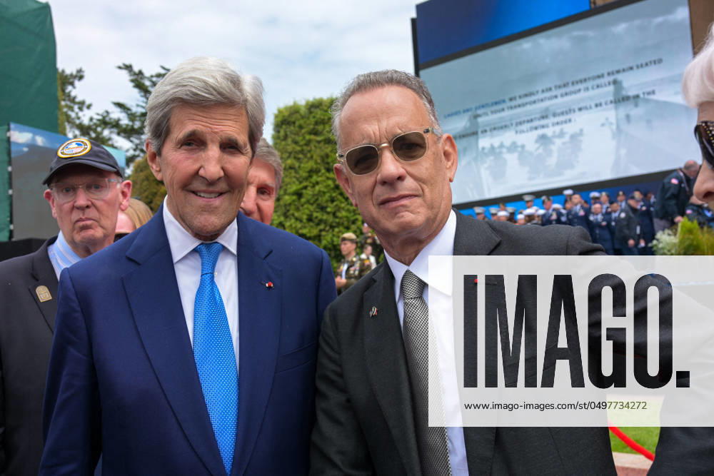 D-Day - US Ceremony - Colleville-sur-Mer Tom Hanks and John Kerry attend the US ceremony marking the 80th anniversary of the World War II D-Day Allied landings in Normandy, at the Normandy American Cemetery and Memorial in Colleville-sur-Mer, Normandy, France which overlooks Omaha Beach on June 6, 2024. The D-Day ceremonies mark the 80th anniversary since the launch of Operation Overlord which turned the tide of World War II and led to the liberation of occupied France and the end of the war against Nazi Germany. Photo by Ammar Abd Rabbo ABACAPRESS.COM Colleville-sur-Mer Normandy France