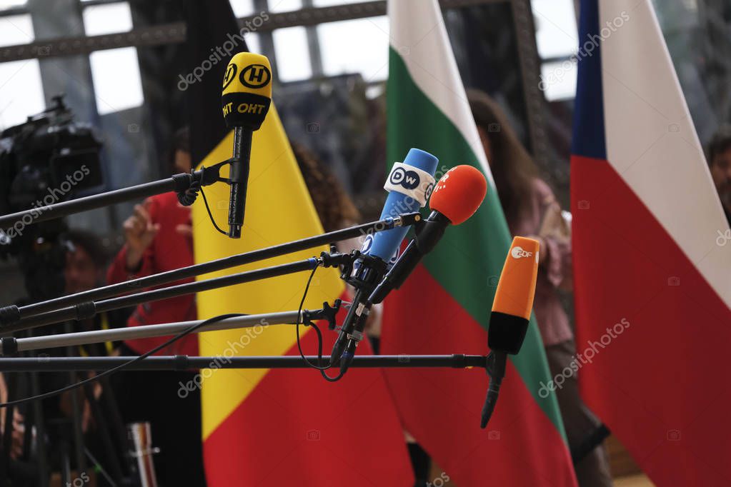 Brussels, Belgium Jun. 20 2019. Microphones during the EU Summit.