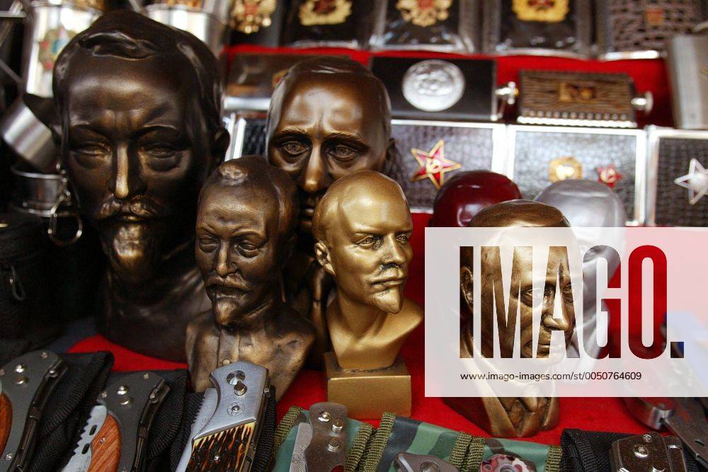 Büsten von Feliks Dzierzynski (li.), Lenin (Mitte) und Wladimir Putin in Moskau