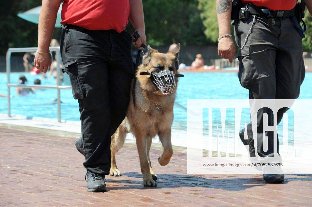 Sicherheitskräfte der Firma - Berlin Security - patrouillieren mit einem Hund durch das Prinzenbad in Berlin
