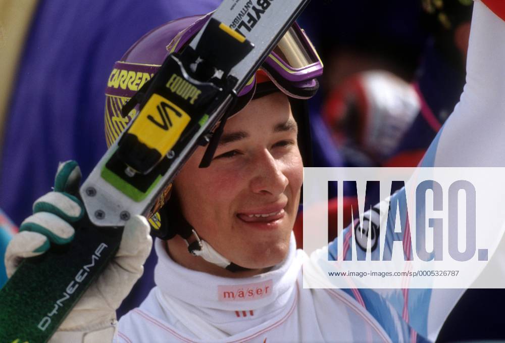 Kjetil Andre Aamodt (Norwegen), Olympiasieger 1992 im Super G Alpiner Skilauf OS Winter Herren Olympische Spiele Albertville 1992, Winterspiele, Super G o00 Ski Einzelbild Val d Isere, dIsere Freude,