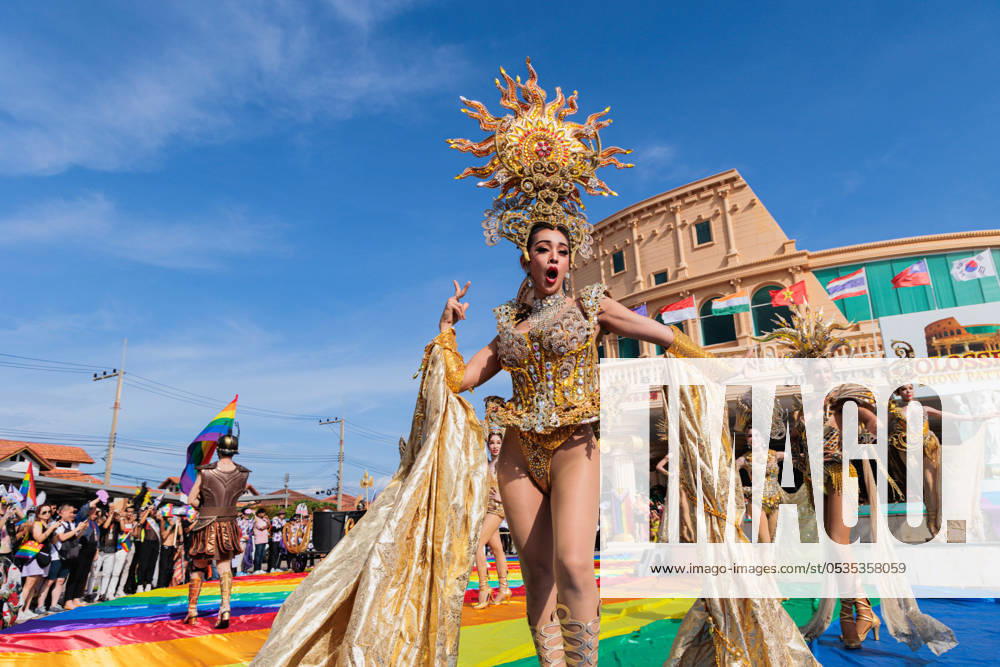 Performers wearing fancy costumes seen performing a show for an open ceremony of 2024 Pattaya Community Pride Parade. The SWING foundation (Service Workers IN Group) held its third pride parade, 2024 Community Pride Parade in Pattaya. The participants include sex workers, ex-sex workers, activists, LGBTQs. The SWING foundation is working on healthcare and human rights issues for sex workers. Pattaya Thailand - ZUMAs197 20240608_aaa_s197_026