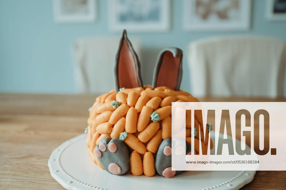 Bunny birthday cake decorated with carrots on a wooden table Thun, Canton of Bern, Switzerland R_FFVO240607D7-1450248-01