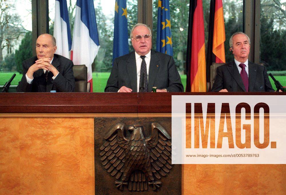 V.l.n.r.: Präsident Francois Mitterrand (Frankreich), Bundeskanzler Helmut Kohl (Deutschland CDU) und Premierminister Edouard Balladur (Frankreich) während der Deutsch-Französischen Konsultationen in Bonn