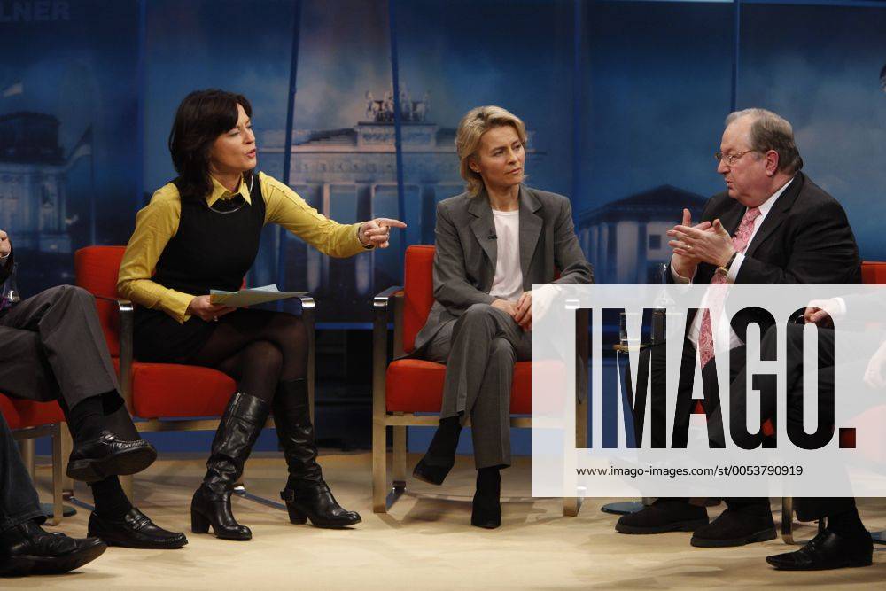 V.l.n.r.: Maybrit Illner (Moderatorin); Ursula von der Leyen (Bundesministerin für Arbeit und Soziales, CDU); Heinz Buschkowsky (Bezirksbürgermeister von Berlin-Neukölln); in der Talk-Show Maybrit Illner am 11.02.2010 in Berlin - Thema der Sendung: Reform-Ruine Hartz - Noch mehr Geld für keine Arbeit?