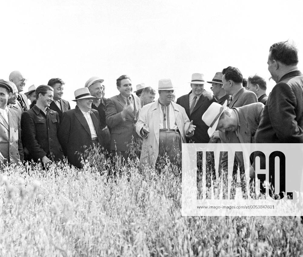Kustanai Region. Nikita Khrushchev (C), First Secretary of the CPSU Central Committee, visits grain fields of the state farm named after USSR Hero I.Pavlov. TASS_175130