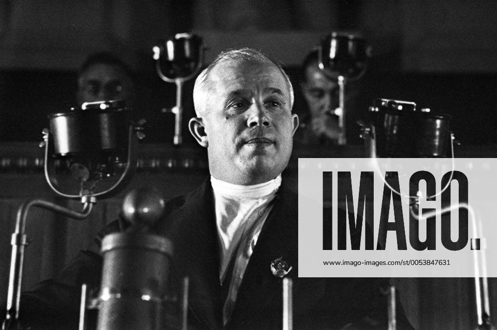 Moscow, 1936. Nikita Khrushchev speaks at the VIII Extraordinary Congress of Soviets. Reproduction. TASS_263963