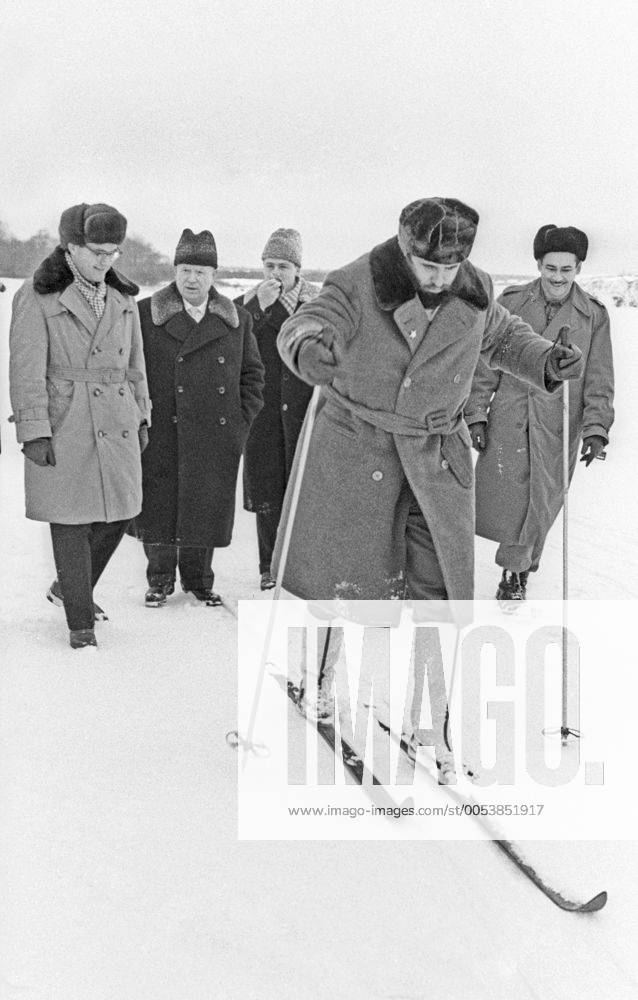 Moscow region. First Secretary of the Central Committee of the Soviet Communist Party Nikita Khrushchev and Cuban leader Fidel Castro (on skis) in the countryside. Photo TASS Highlight TASS_494461