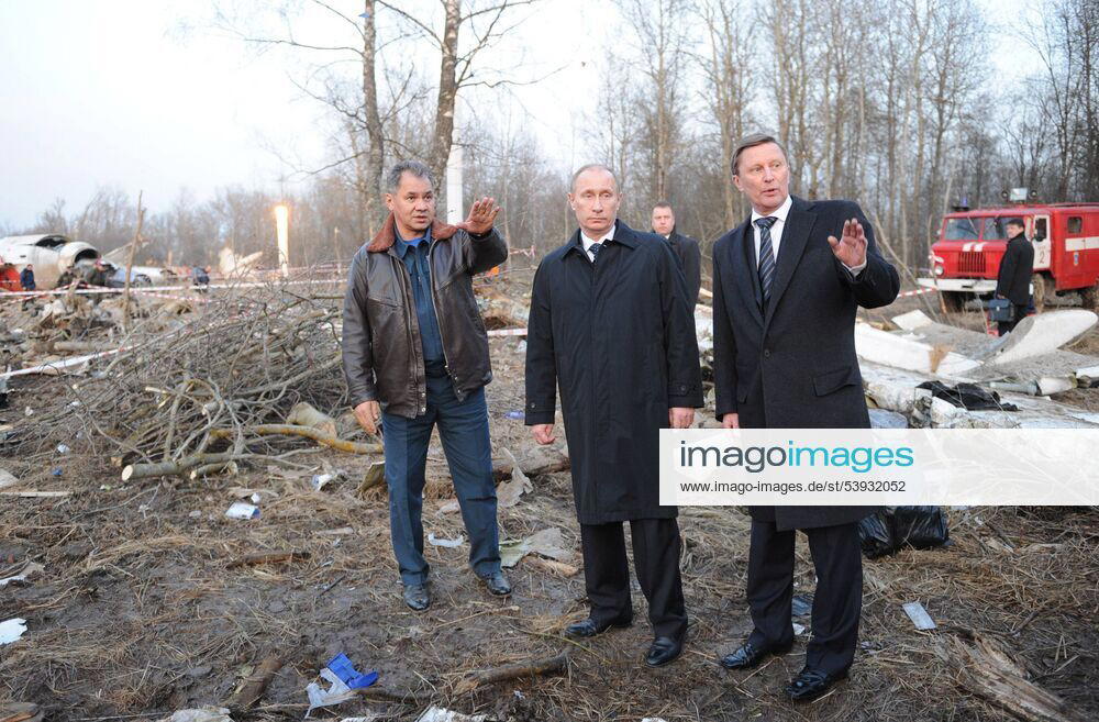 ITAR-TASS 38: SMOLENSK REGION, RUSSIA. APRIL 10, 2010. Emergency Situations Minister of Russia Sergei Shoigu, Russian Prime Minister Vladimir Putin, Deputy PM Sergei Ivanov (L-R) inspect the site of the Polish President s plane crash in the Smolensk Region. Poland s President Lech Kaczynski and his wife Maria, its central bank head and the country s military chief, were among 97 people killed when their plane crashed in thick fog on its approach to Smolensk airport, in western Russia. Highlight premiumd xint RE0CCA2E