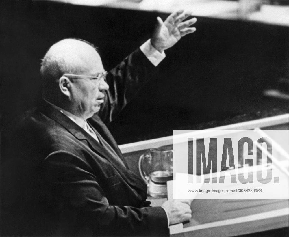 NEW YORK, USA. First Secretary of the Communist Party of the Soviet Union, Nikita Khrushchev addresses the audience at the 15th session of the United Nations General Assembly . 187088