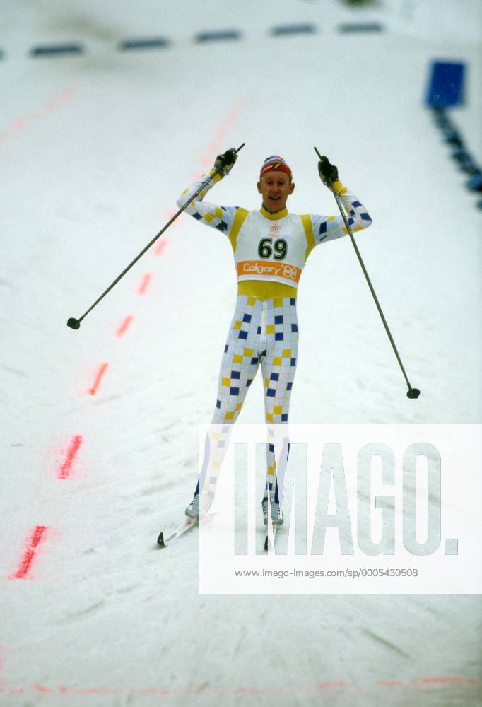 Gunde Svan (Schweden), Olympiasieger 1988 über die 50km Nordischer Skilauf OS Winter Herren Olympische Spiele 1988, Winterspiele, Ski Nordisch, Skisport, Langlauf Einzelbild Calgary Freude,