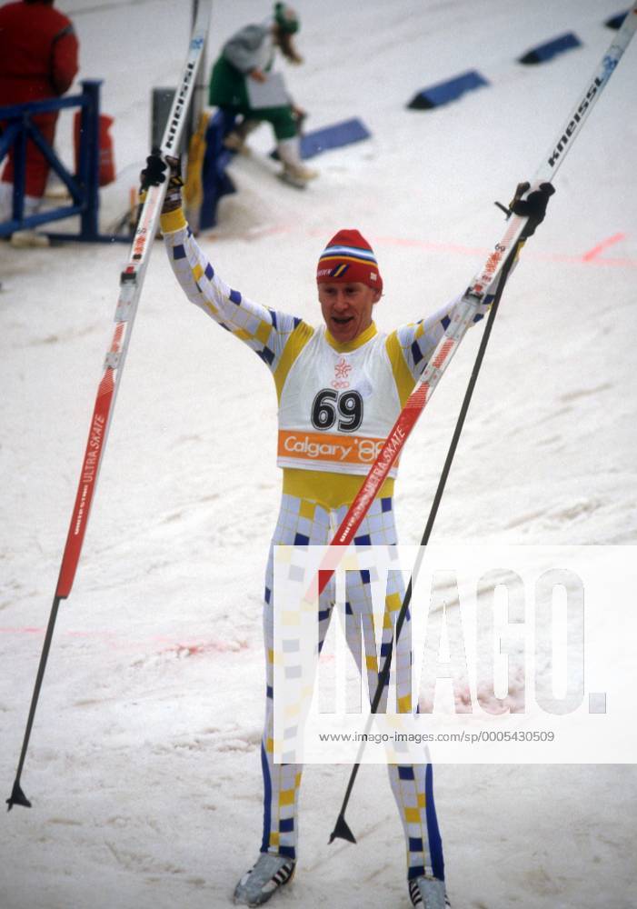 Gunde Svan (Schweden), Olympiasieger 1988 in Calgary über die 50km Nordischer Skilauf OS Winter Herren Olympische Spiele 1988, Winterspiele, Ski Nordisch, Skisport, Langlauf Einzelbild Calgary Freude, Begeisterung,