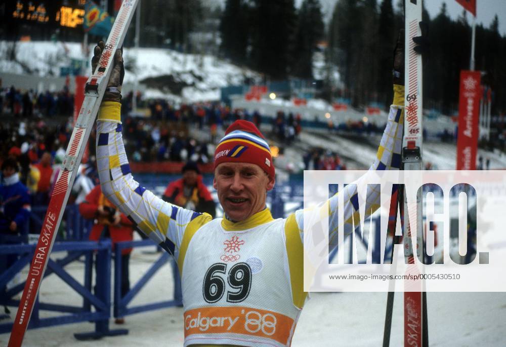 Gunde Svan (Schweden), Olympiasieger 1988 in Calgary über die 50km Nordischer Skilauf OS Winter Herren Olympische Spiele 1988, Winterspiele, Ski Nordisch, Skisport, Langlauf Einzelbild Calgary Freude,